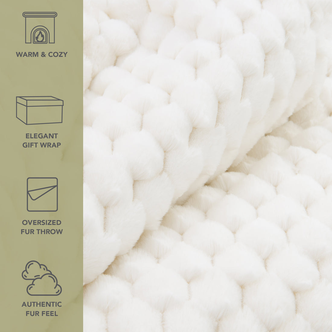 Cottontail Faux Fur Throw Blanket, Soft Rabbit Tail Texture, Oversized Throw, 50”x70”, with Premium Gift Box, Ivory