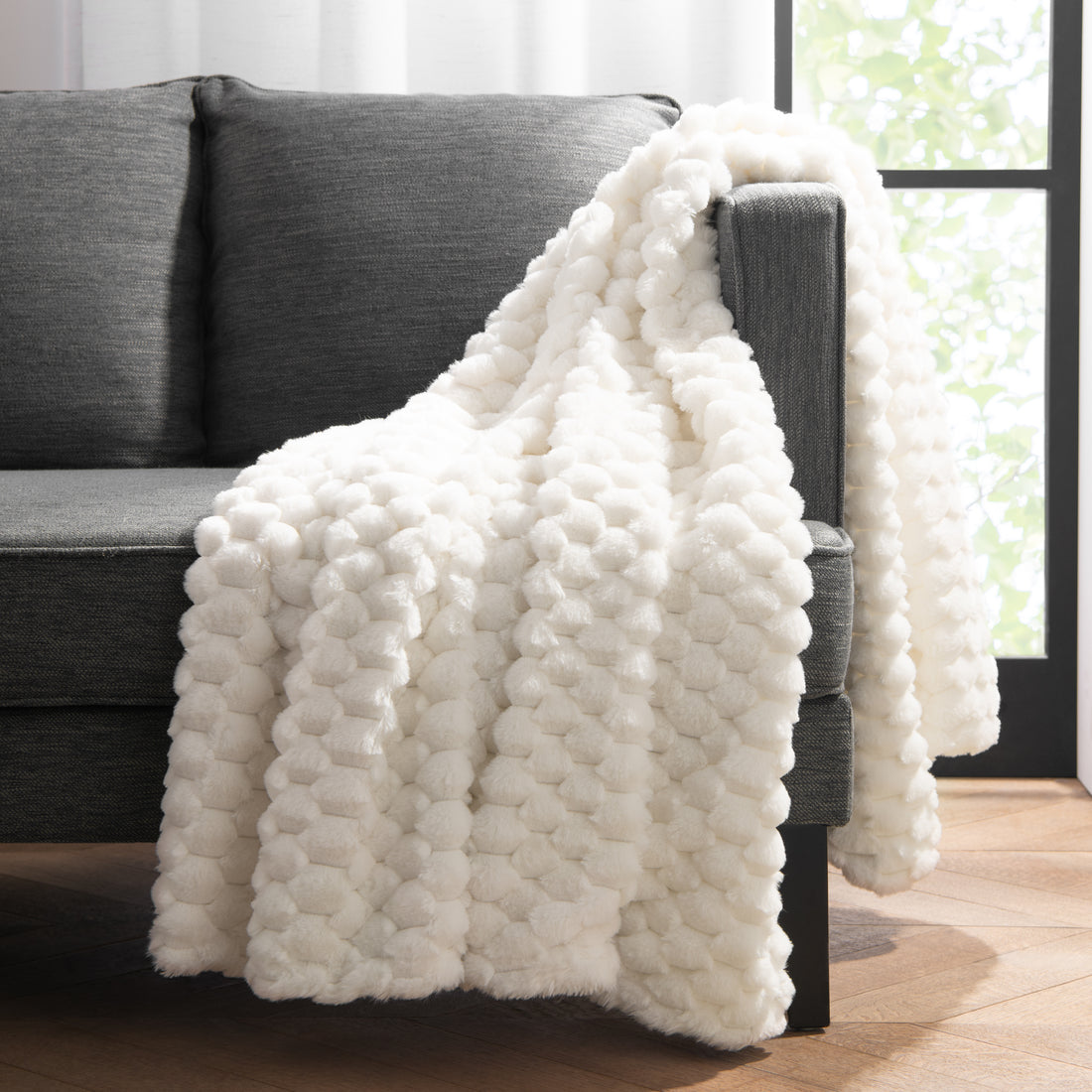 Cottontail Faux Fur Throw Blanket, Soft Rabbit Tail Texture, Oversized Throw, 50”x70”, with Premium Gift Box, Ivory