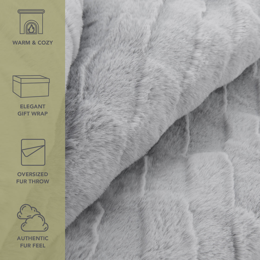 Luxe Grey Mink Faux Fur Throw Blanket, Plush, Modern Jacquard Texture, Oversized, 50”x70”, with Premium Gift Box