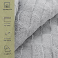 Luxe Grey Mink Faux Fur Throw Blanket, Plush, Modern Jacquard Texture, Oversized, 50”x70”, with Premium Gift Box