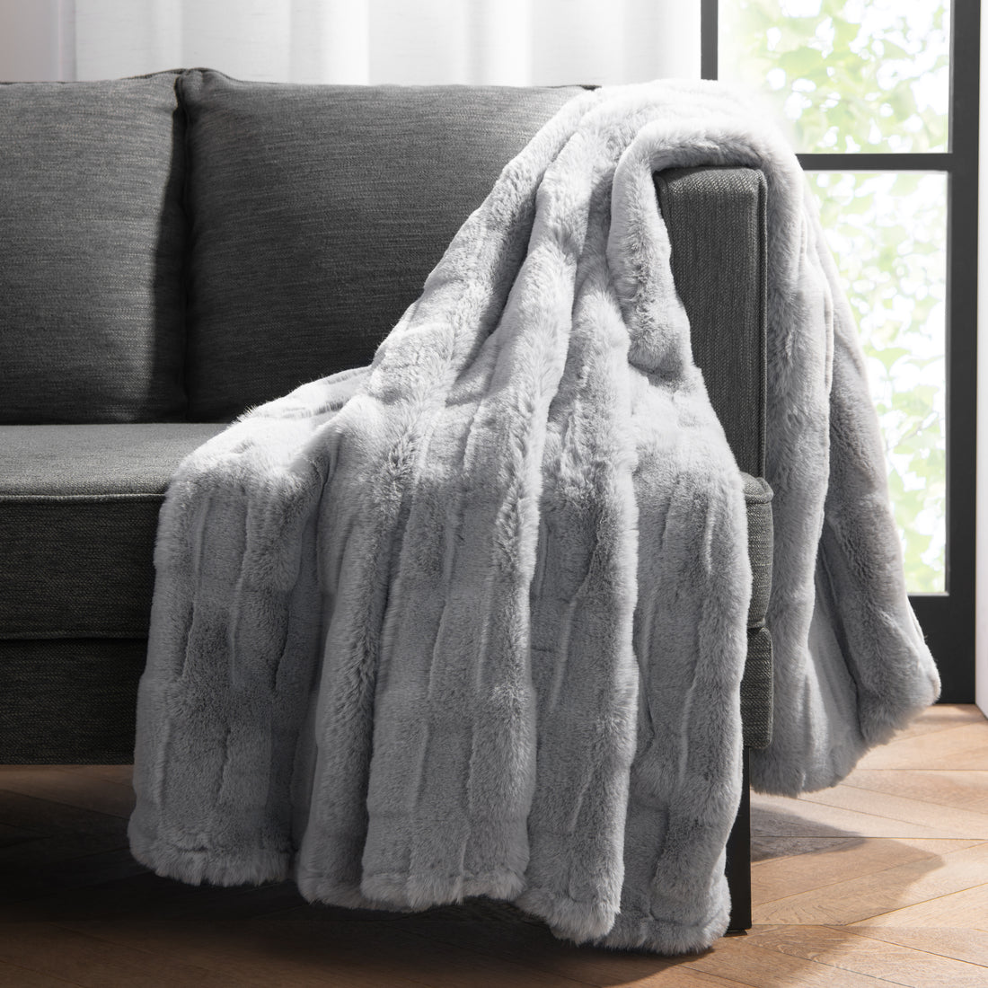 Luxe Grey Mink Faux Fur Throw Blanket, Plush, Modern Jacquard Texture, Oversized, 50”x70”, with Premium Gift Box