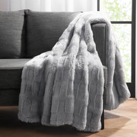 Luxe Grey Mink Faux Fur Throw Blanket, Plush, Modern Jacquard Texture, Oversized, 50”x70”, with Premium Gift Box